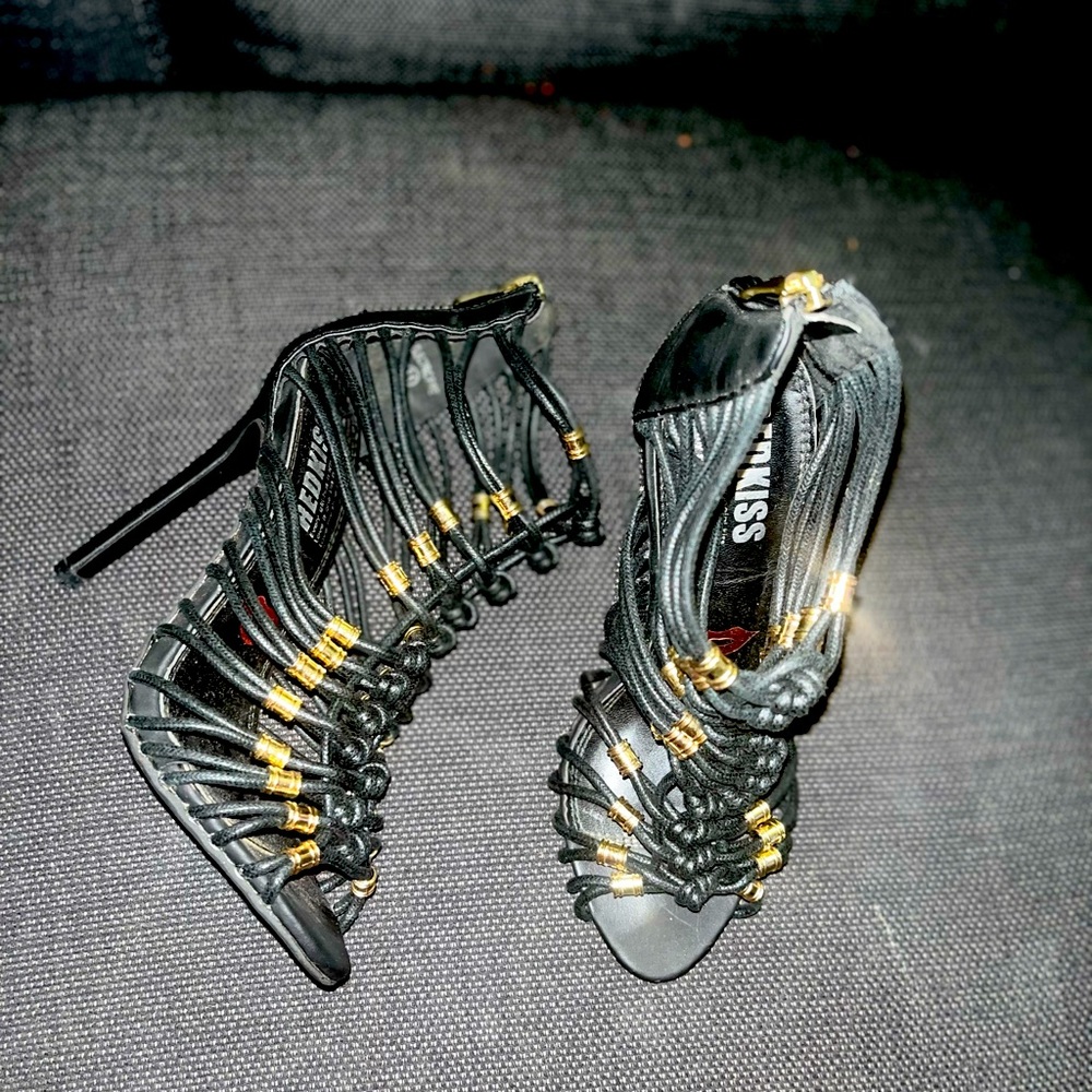 Strappy gold studded sandal heels